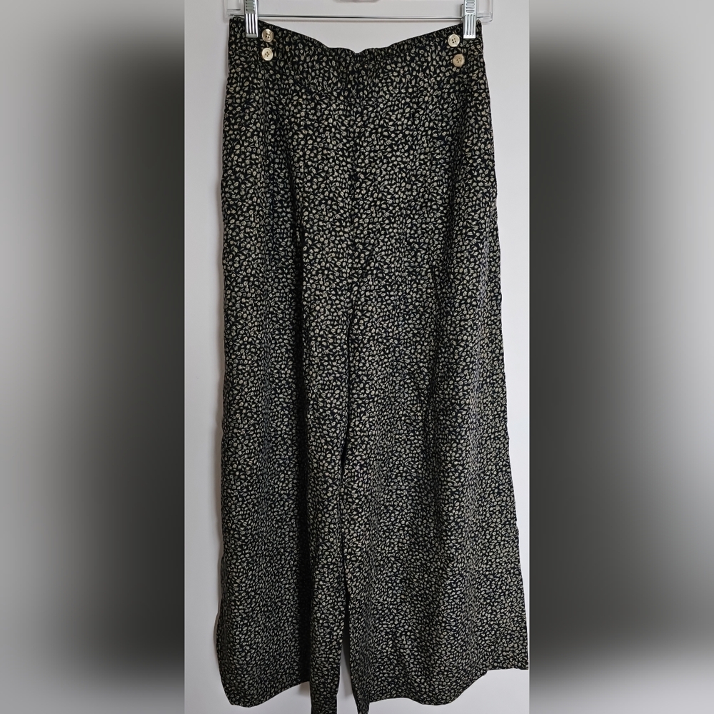 Navy and Tan Floral Wide-Leg Pants